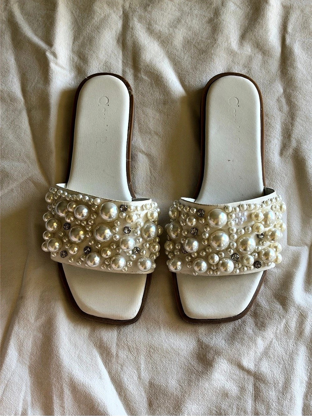 Pearl Embellished Flat Sandals in White